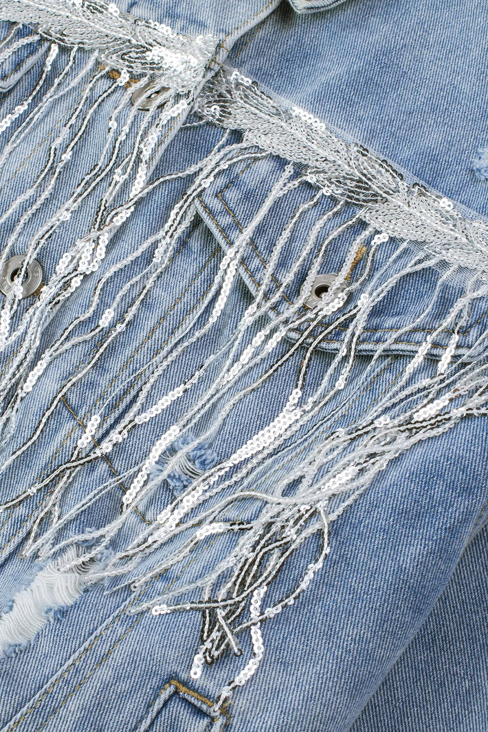 Sequin Fringe Trim Distressed Button Up Denim Jacket by Partner Label