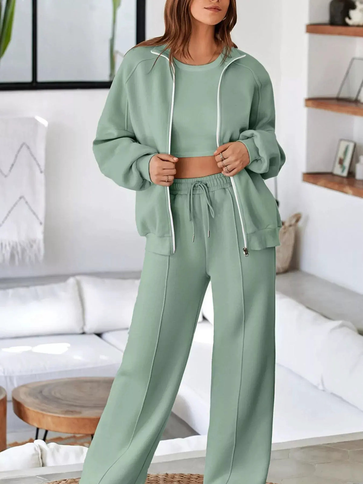 Drop Shoulder Zip Up Jacket and Drawstring Pants Active 2pcs Set by Partner Label
