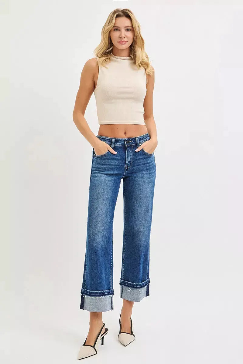 RISEN Mid Rise Ankle Straight Jeans with Cuffed Hem by RISEN
