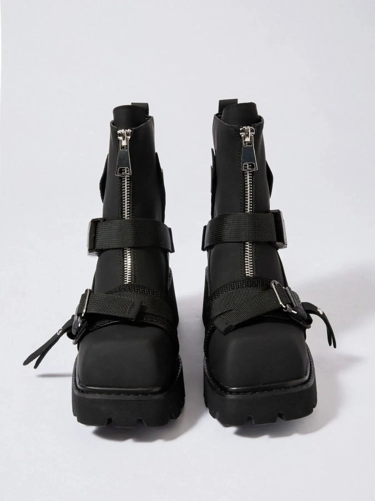 Chunky Platform Boots with Buckle Straps and Front Zip by Partner Label