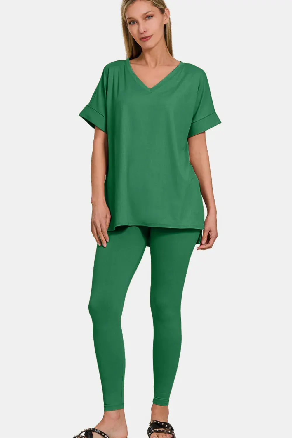 Zenana Full Size V-Neck Rolled Short Sleeve T-Shirt and Leggings Lounge Set by Zenana