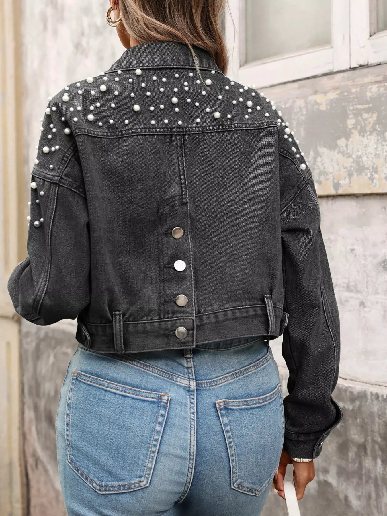 Pearl Embellished Cropped Denim Jacket by Partner Label