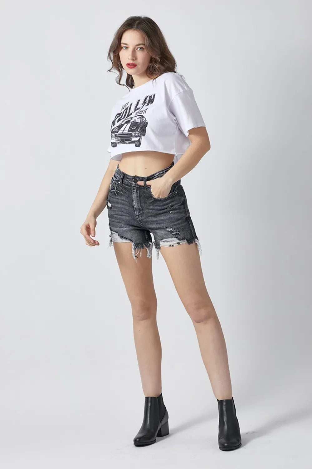 RISEN Full Size High Rise Distressed Denim Shorts by RISEN