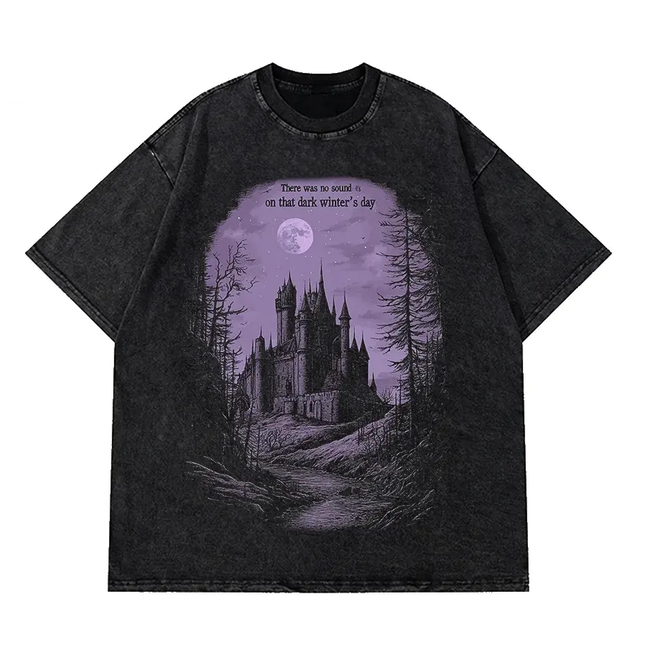Hip Hop Washed Black T-Shirt Vintage Purple Horror Castle Graphic Cotton Unisex Y2K by Vimost Shop