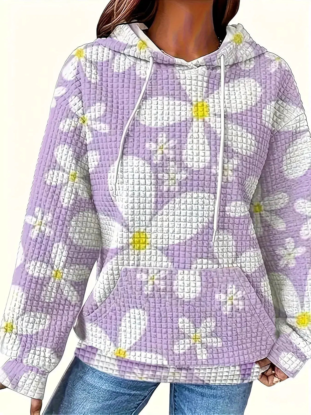 Floral Print Textured Drawstring Hoodie by Partner Label