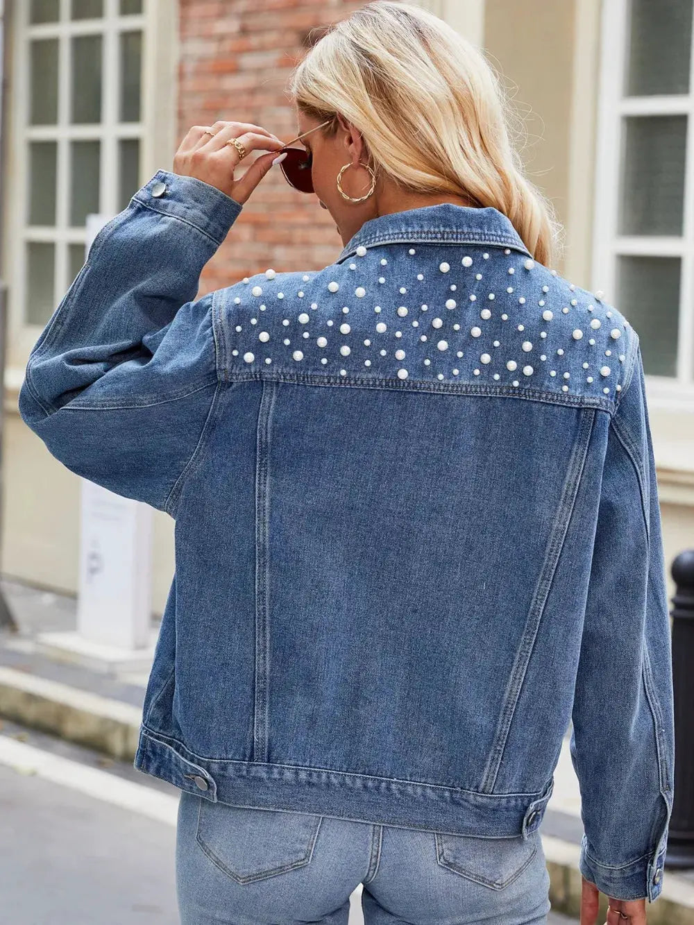 Pearl Detail Collared Neck Long Sleeve Denim Jacket by Partner Label
