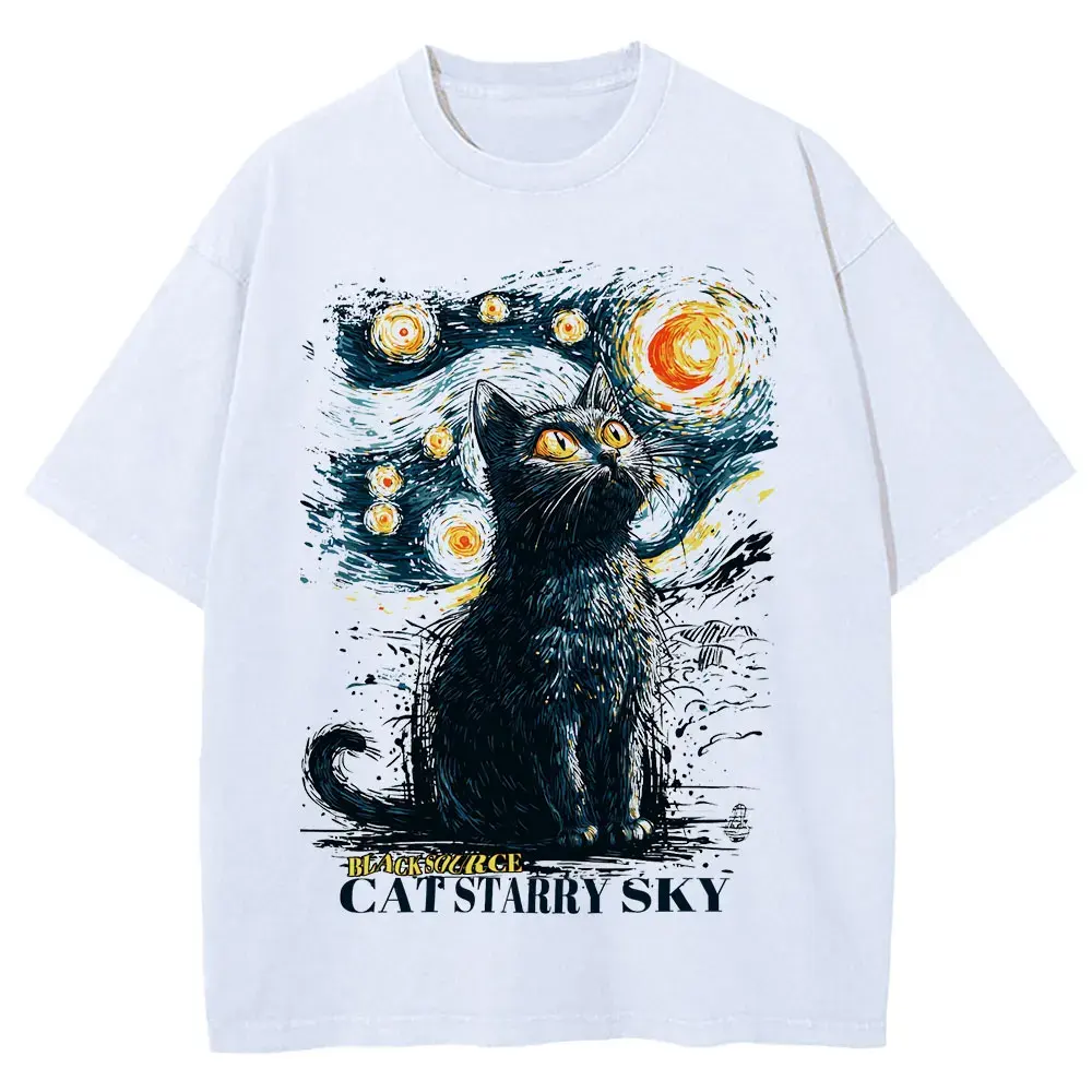 Black Cat Starry Sky Vintage T-Shirt Cotton Unisex Graphic Tee by Vimost Shop