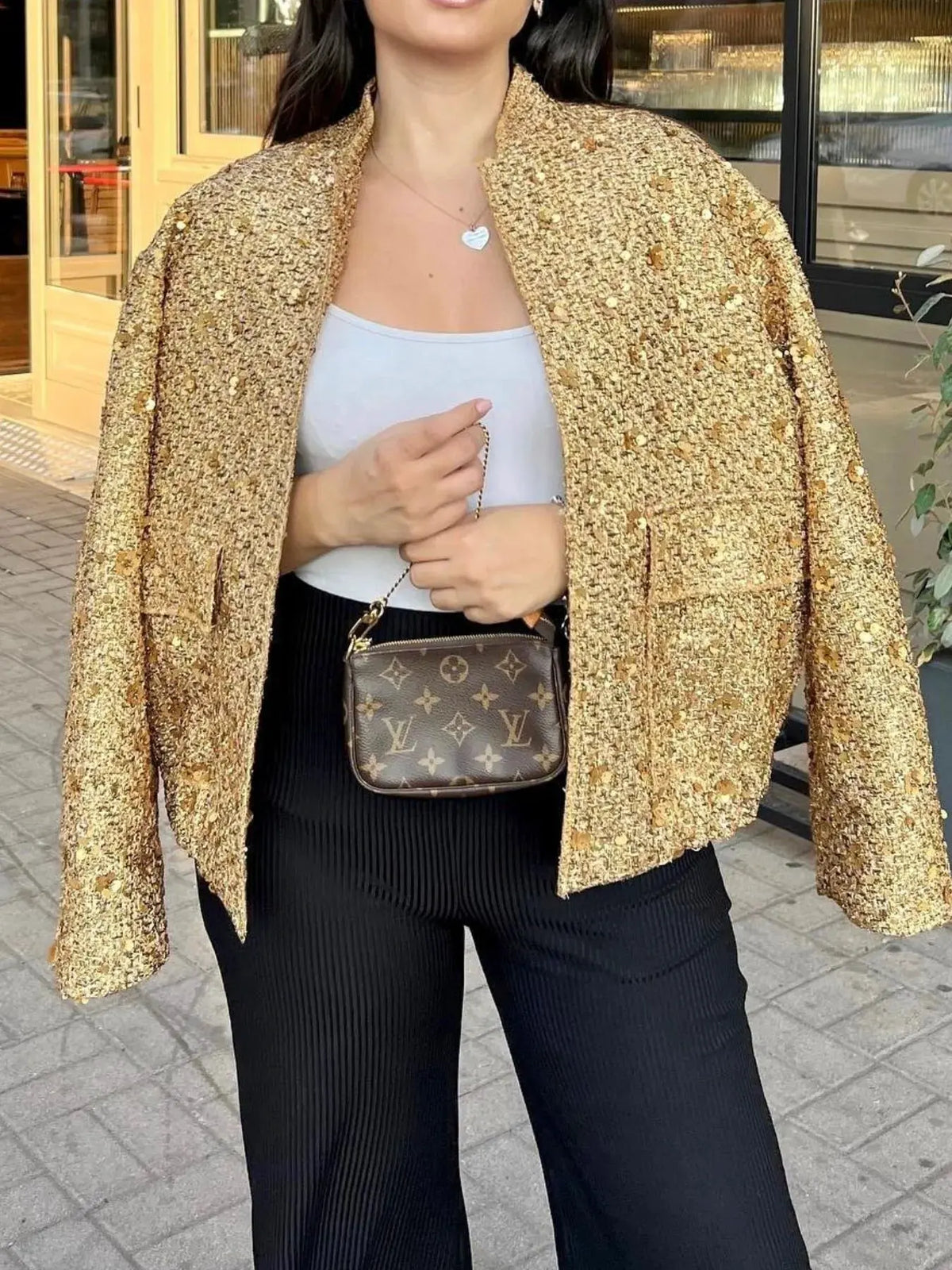 Sequin Long Sleeve Jacket with Pockets by Partner Label