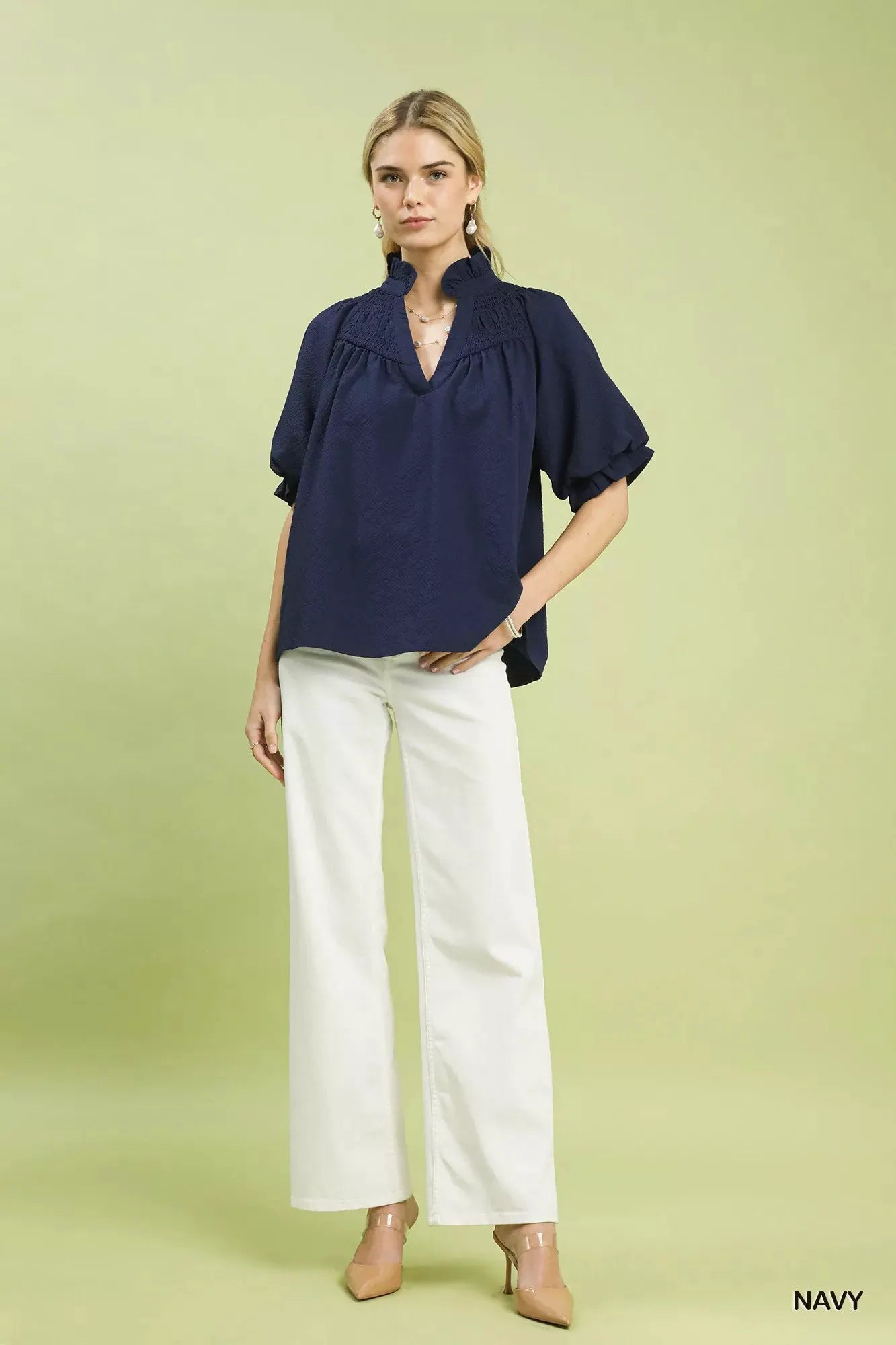 Umgee Textured Smocked Yoke Split-Neck Top by Umgee