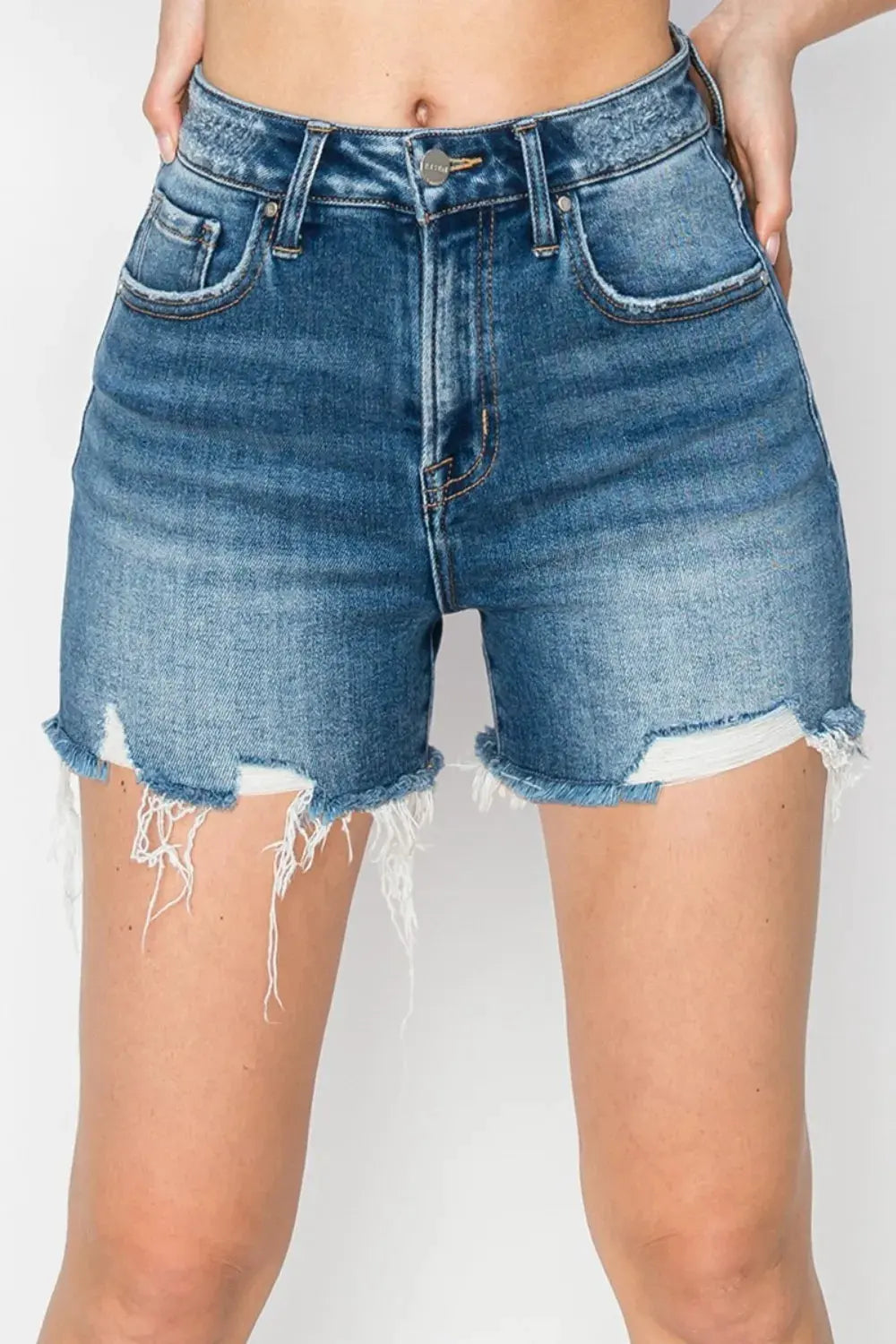 RISEN High Rise Raw Hem Distressed Denim Shorts by RISEN