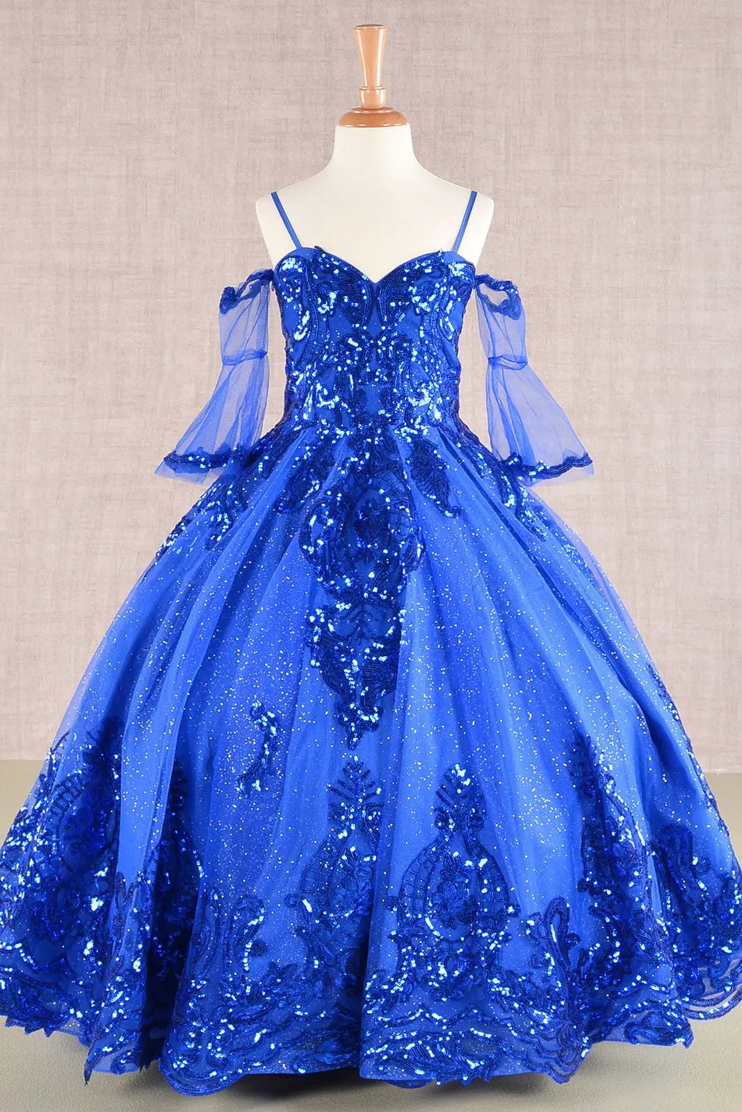 Glitter Sequin Embellished Mesh Kids Dress with Separate Mesh 3/4 Sleeves by Tux-USA