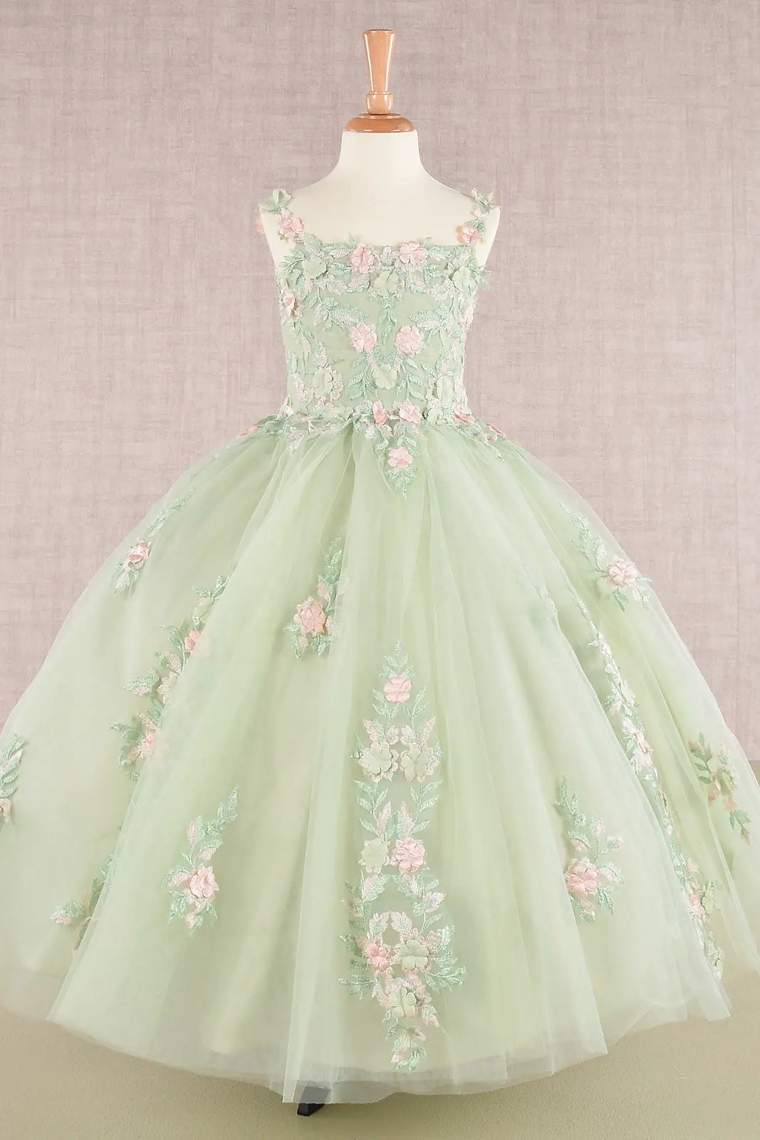 GK109 Floral Embroidery Embellished Ruched Bodice Mesh Kids Dress with Lace-up Back by Tux-USA