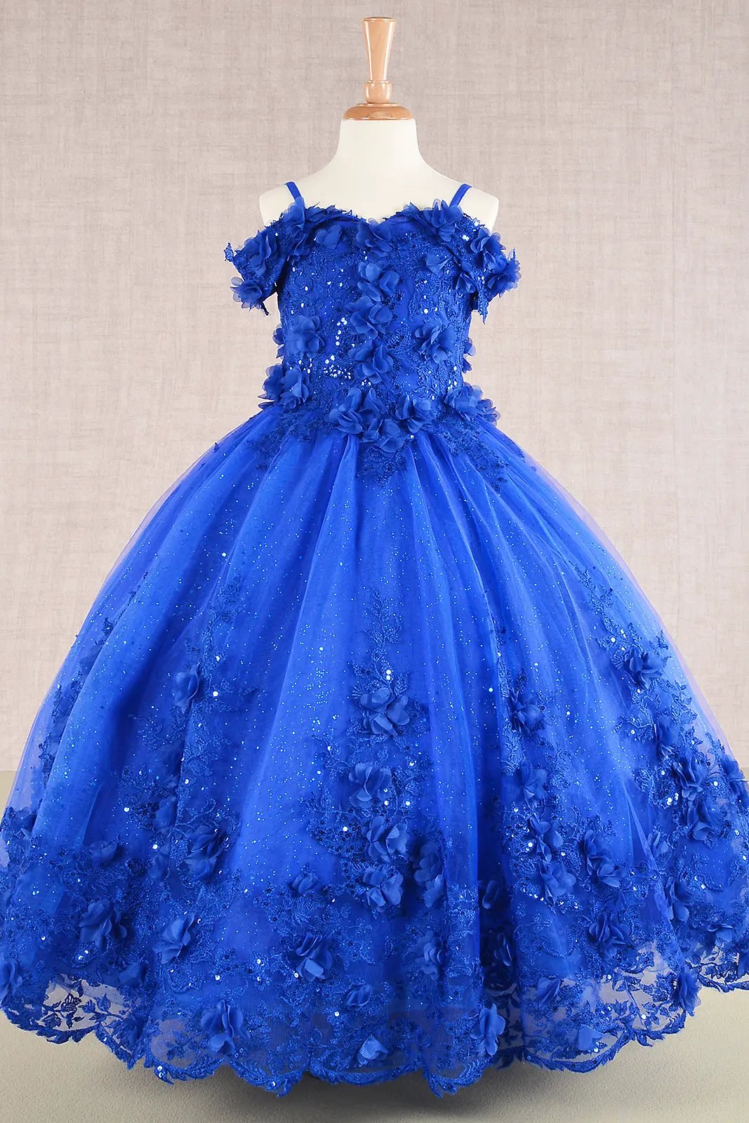 3D Floral Applique Embellished Glitter Embroidery Mesh Kids Dress by Tux-USA
