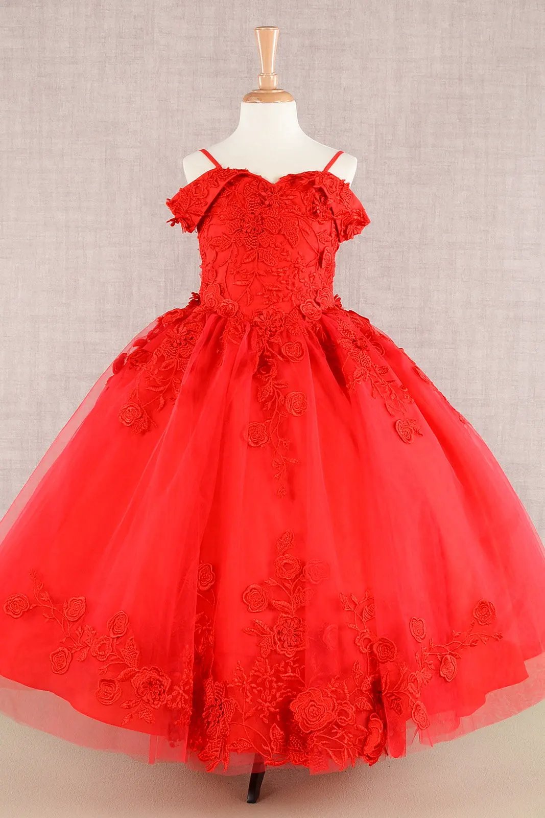 Floral Embroidery Embellished Cut-Away Shoulder Kids Dress by Tux-USA