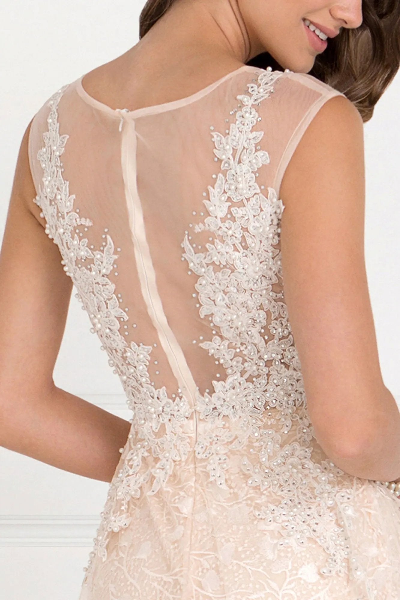 Lace Mermaid Long Dress with Sheer Back and Tulle Overlay by Tux-USA