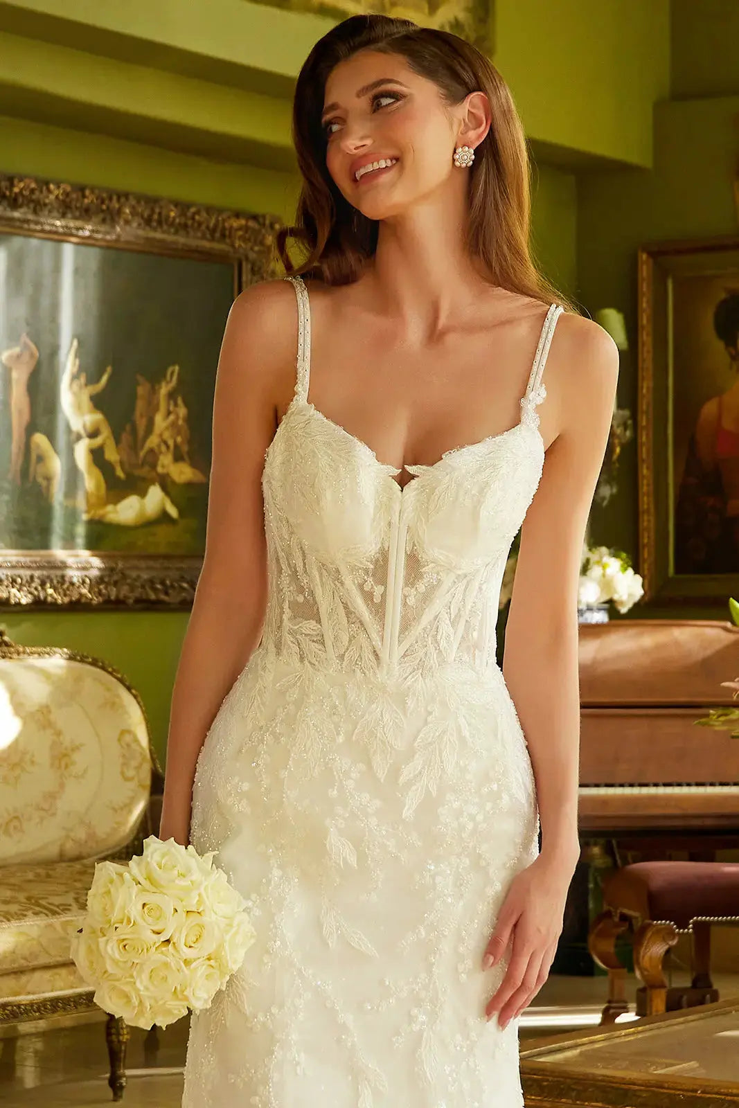 Fitted Wedding Dress A Double Spaghetti-Strap, V-Neckline Corset Bodice. by Tux-USA