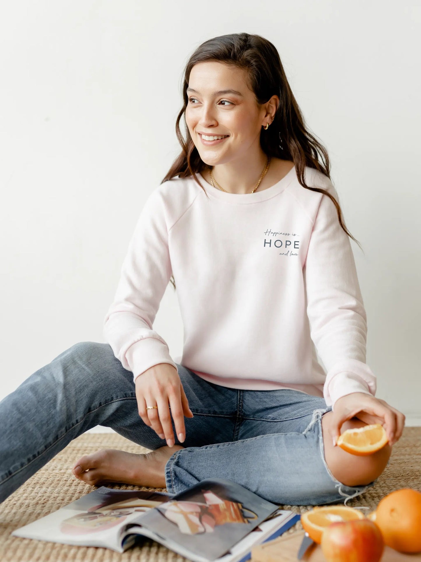 Women's Hope & Love Crew Sweatshirt, Ballet Pink by Good Wishes Collection