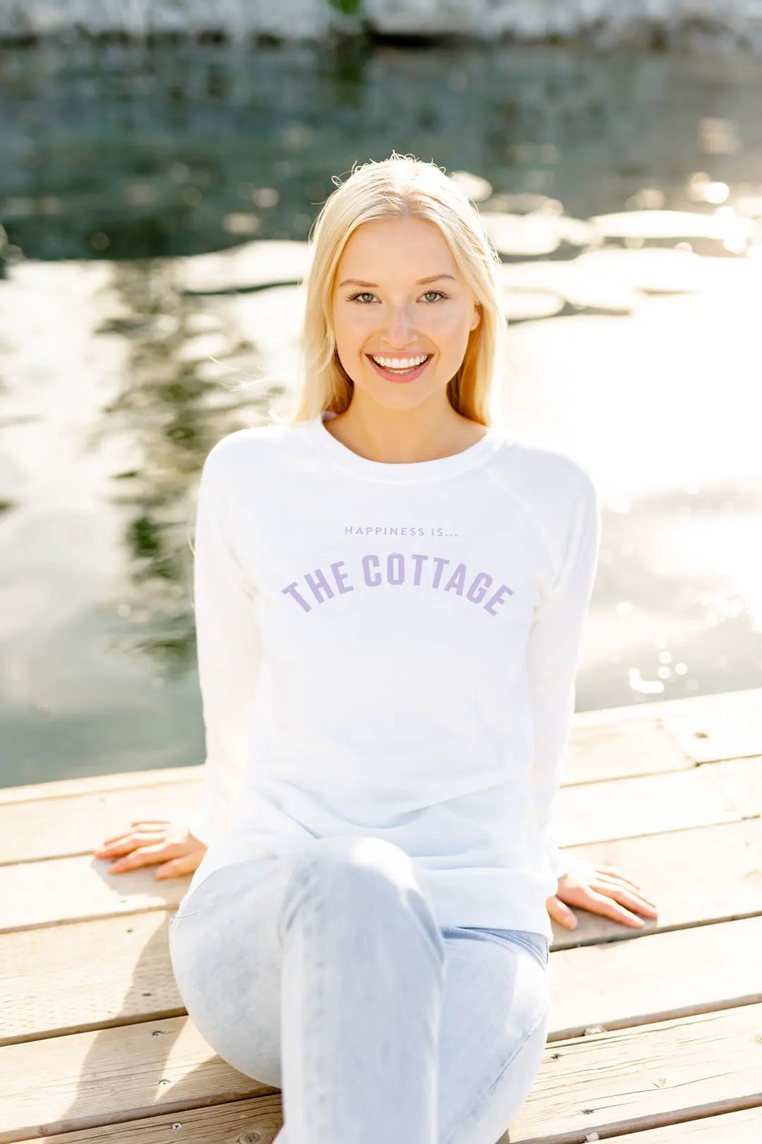 Women's Cottage Collegiate Crew Sweatshirt, White with Lilac by Cottage Collection