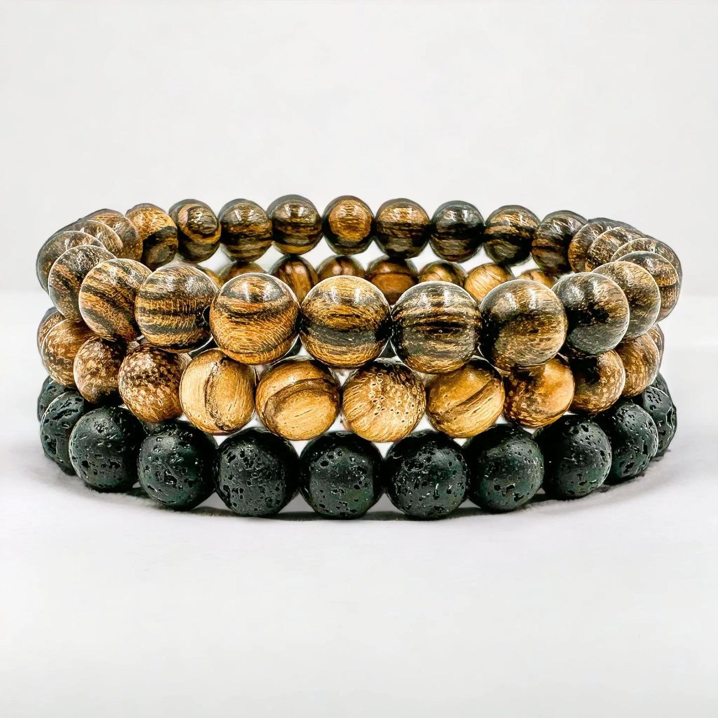 Premium 3 Pack Beaded Bracelet Stack - Sandalwood & Lava Rock by Everwood Original