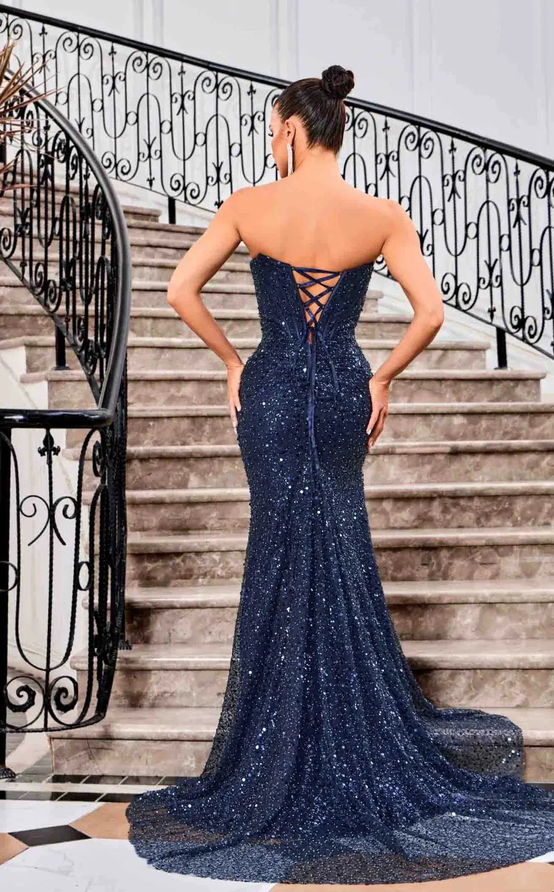 Evening Gown Off Shoulder Corset Beaded Sequined Tie Back High Slit by Tux-USA
