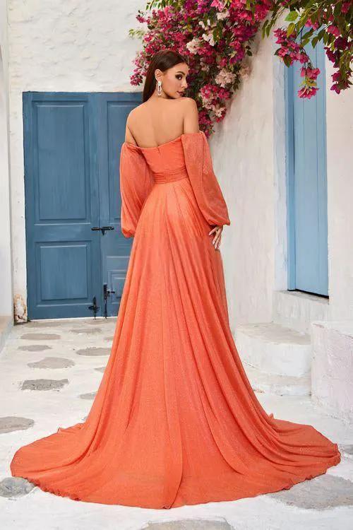 TuxUSA Elegant A Line Strapless Evening Dress Orange Navy For Special Occasions by Tux-USA