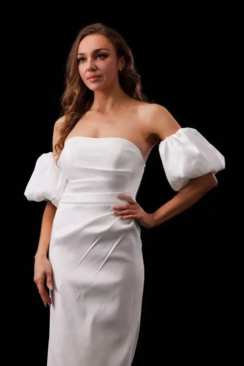Luxurious Bridal Strapless Midi Dress With Removable Sleeves For Brides Tux USA by Tux-USA