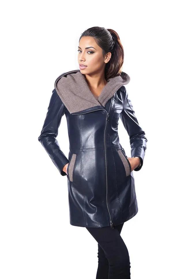 Janno Women’s Leather Jacket with Tricko Hoodie – Midnight Blue by Inland Leather Co