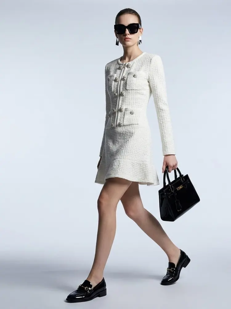 Women's Dress Bouclé Tweed BYMANYC ® New York MADISON IVORY BUTTON MINI - New Collection by BYMANYC ® New York