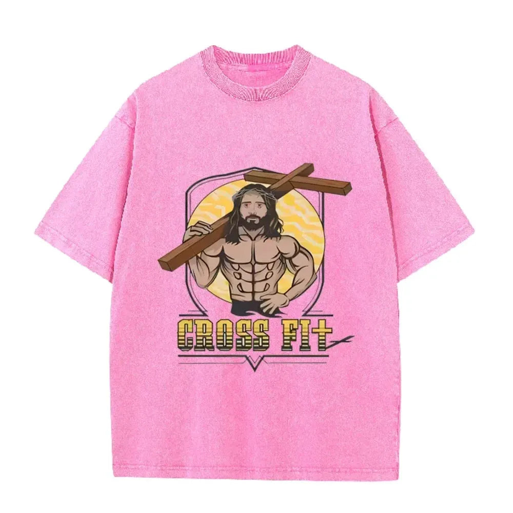 Oversized Washed Cotton Graphic T-Shirt with Short Sleeves by Vimost Shop