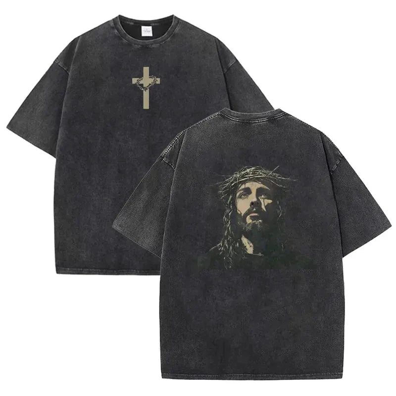 Men's Religious Graphic Tee - Jesus Crown of Thorns Oversized Cotton T-Shirt Casual Streetwear by Vimost Shop