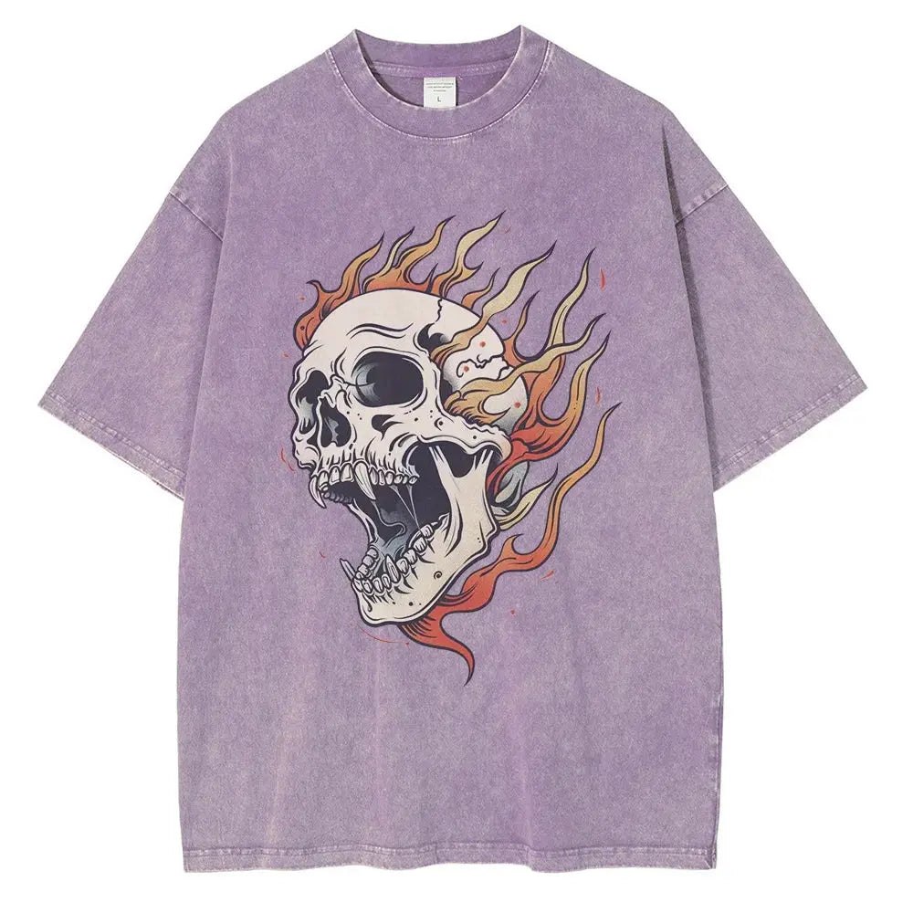 Men's Flame Skull Printed T-shirt Thick Cotton Washed T-shirt,Large Retro Top by Vimost Shop