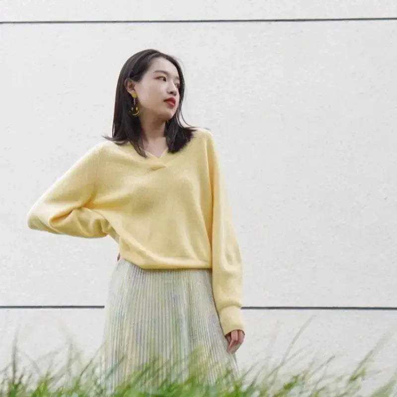 V-neck pure cashmere sweater women autumn and winter loose and versatile knitted sweater short wool base layer by Vimost Shop