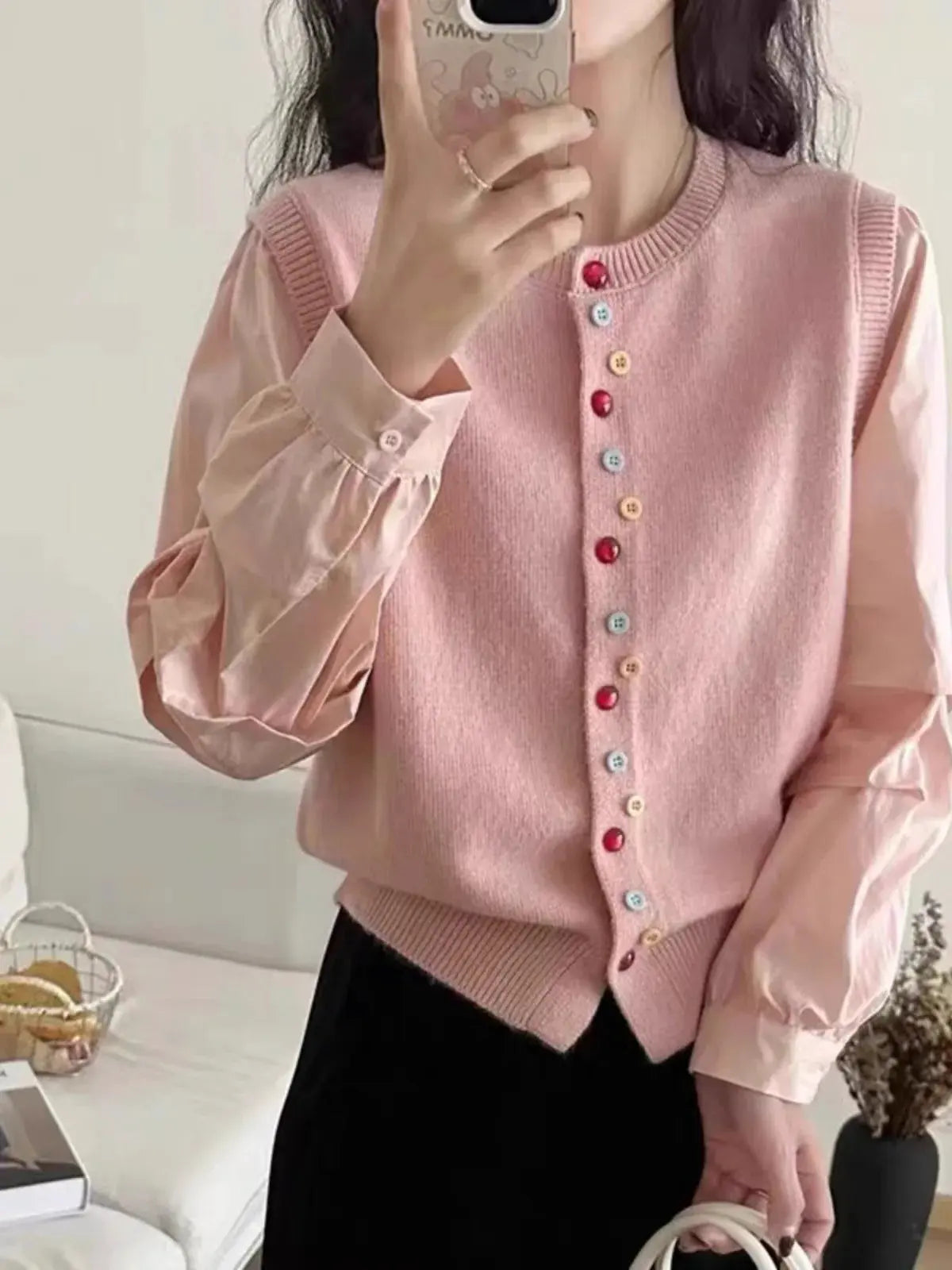 European goods color button cashmere knit vest cardigan women spring and autumn new round neck sleeveless sweater vest by Vimost Shop