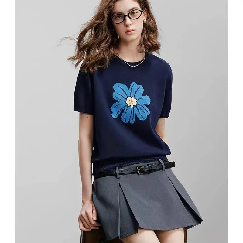 Stylish large-flower jacquard round-neck knitted short-sleeved women's loose ice silk T-shirt and thin top by Vimost Shop