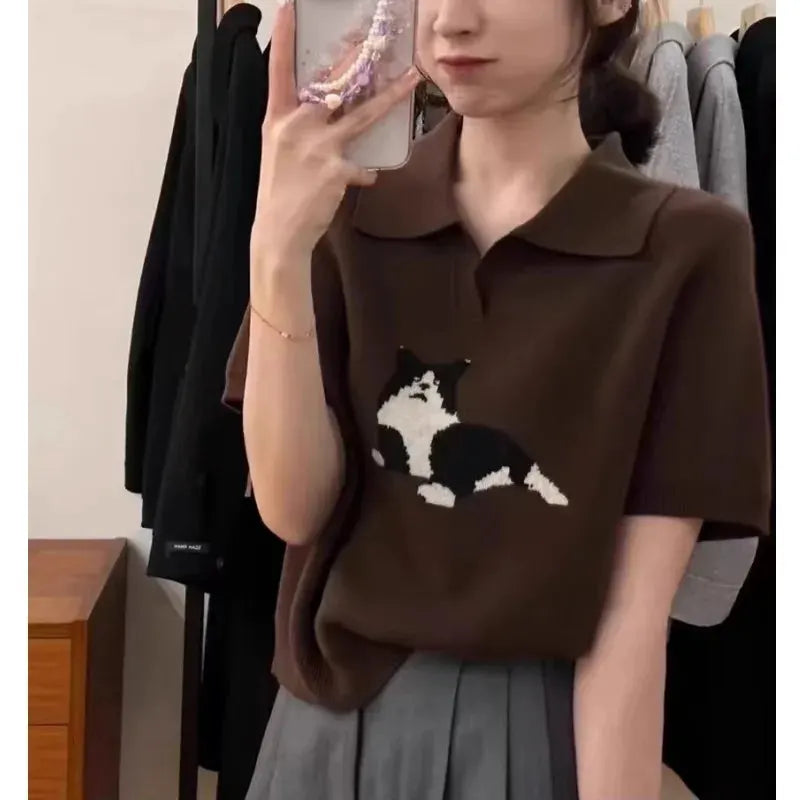 European vintage cat jacquard cashmere knitted short-sleeved women's lapel front-shoulder wool T-shirt, half-sleeved short top by Vimost Shop