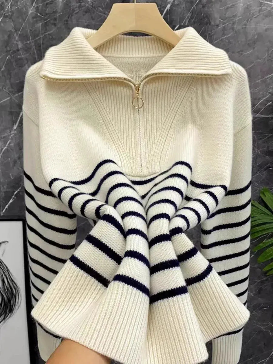 Autumn/Winter new classic striped zipper turtleneck + lapel 100% cashmere knit sweater women's bottom sweater by Vimost Shop