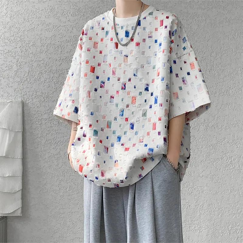 Summer Short Sleeved T-shirt Men Hollow Out Oversized Plaid T Shirt Men Streetwear Hip Hop Loose Casual Tshirt Male 5XL by Vimost Shop