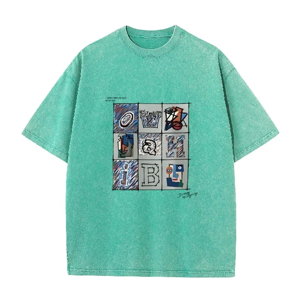 Retro Abstract Alphabet Art T Shirt Picasso Inspired Print Washed Casual Streetwear by Vimost Shop