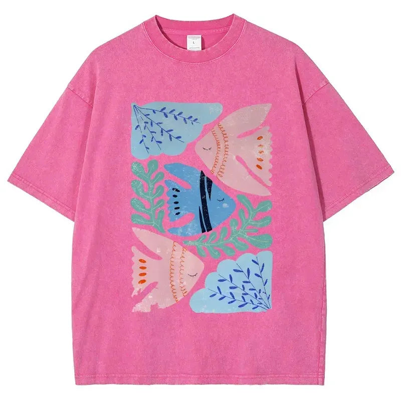 Feng Shui Minimalist Cartoon Printed Men's T-shirt Large Loose T-shirt Casual Retro Washed Short Sleeved T-shirt by Vimost Shop