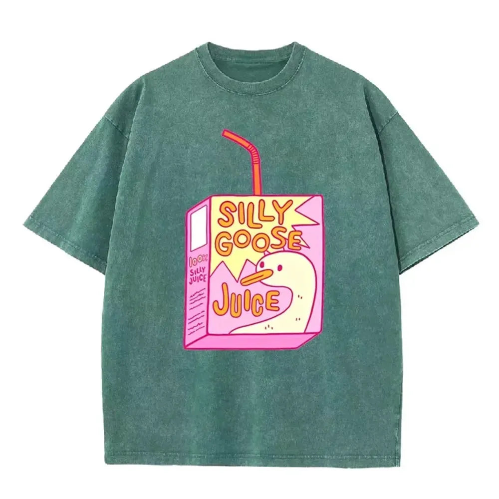 Cute Silly Goose Juice Box Print Washed Purple Y2K Aesthetic Women T-shirt by Vimost Shop