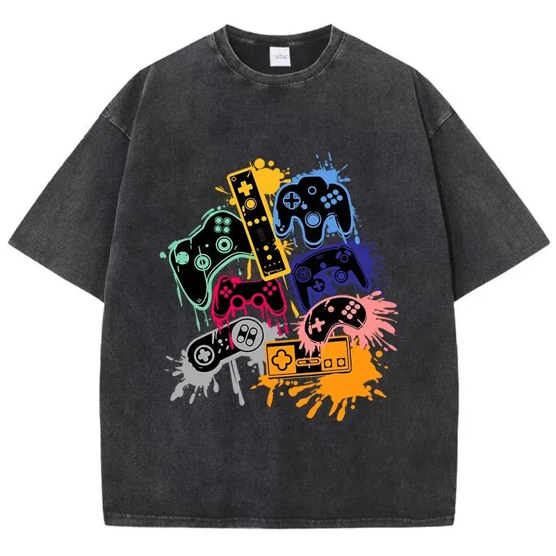 Game Console Graffiti Printing Washed T-Shirt Cotton T Shirts O-Neck Comfortable Distressed Tops Summer Mans Clothes by Vimost Shop