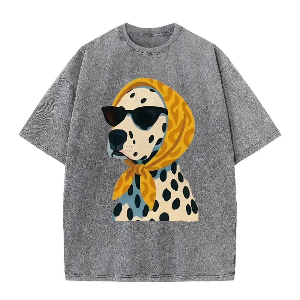 Distressed Vintage Washed Tee Stylish Cool Dalmatian Cartoon Animal Print Loose Fit Short Sleeve T Shirts by Vimost Shop