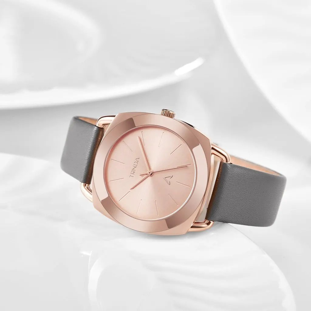 Trnda Women's Watch With Rose Gold Stainless Steel Case And Gray Leather Band by TRNDA