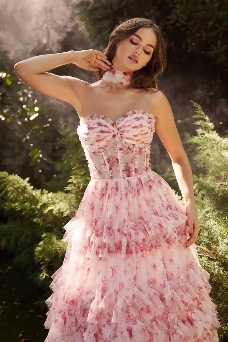 Floral Printed Strapless Dress by Tux-USA