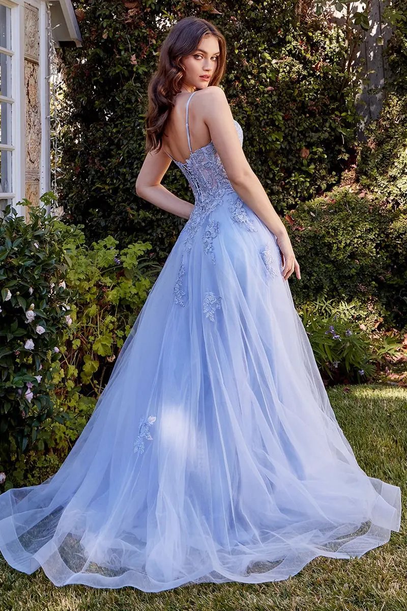 Lace Appliqued A-Line Layered Tulle Gown by Tux-USA