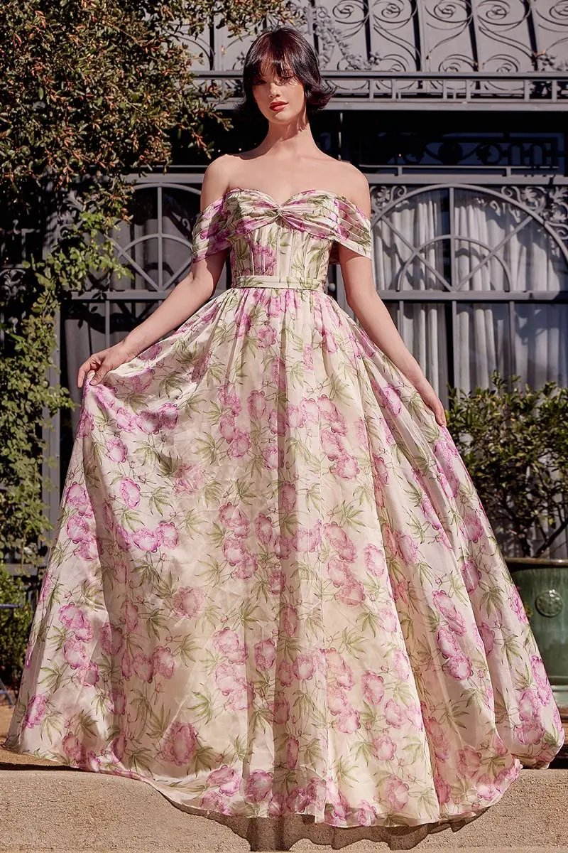 Floral Printed Off The Shoulder A-Line Dress by Tux-USA