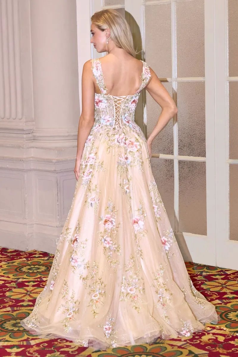 Square Neck Floral Embroidered A-Line Tulle Gown by Tux-USA