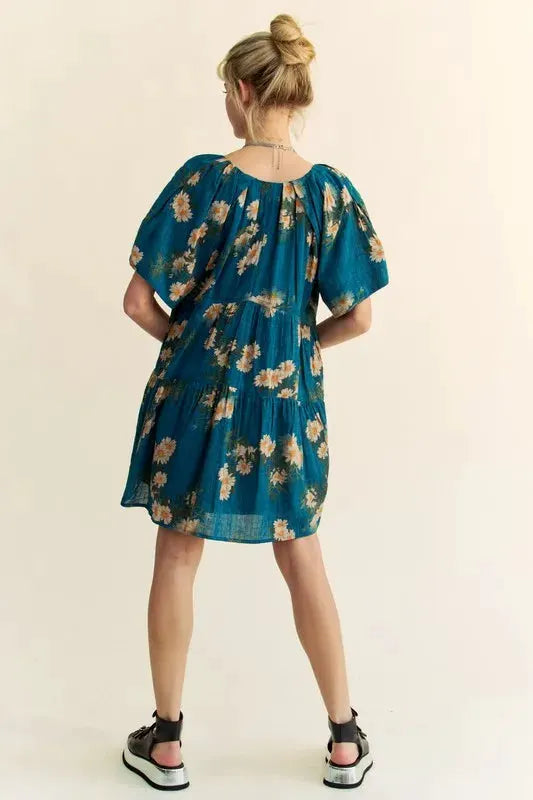 Davi & Dani Floral Print Short Bell Sleeve Pleated Mini Dress by Davi & Dani
