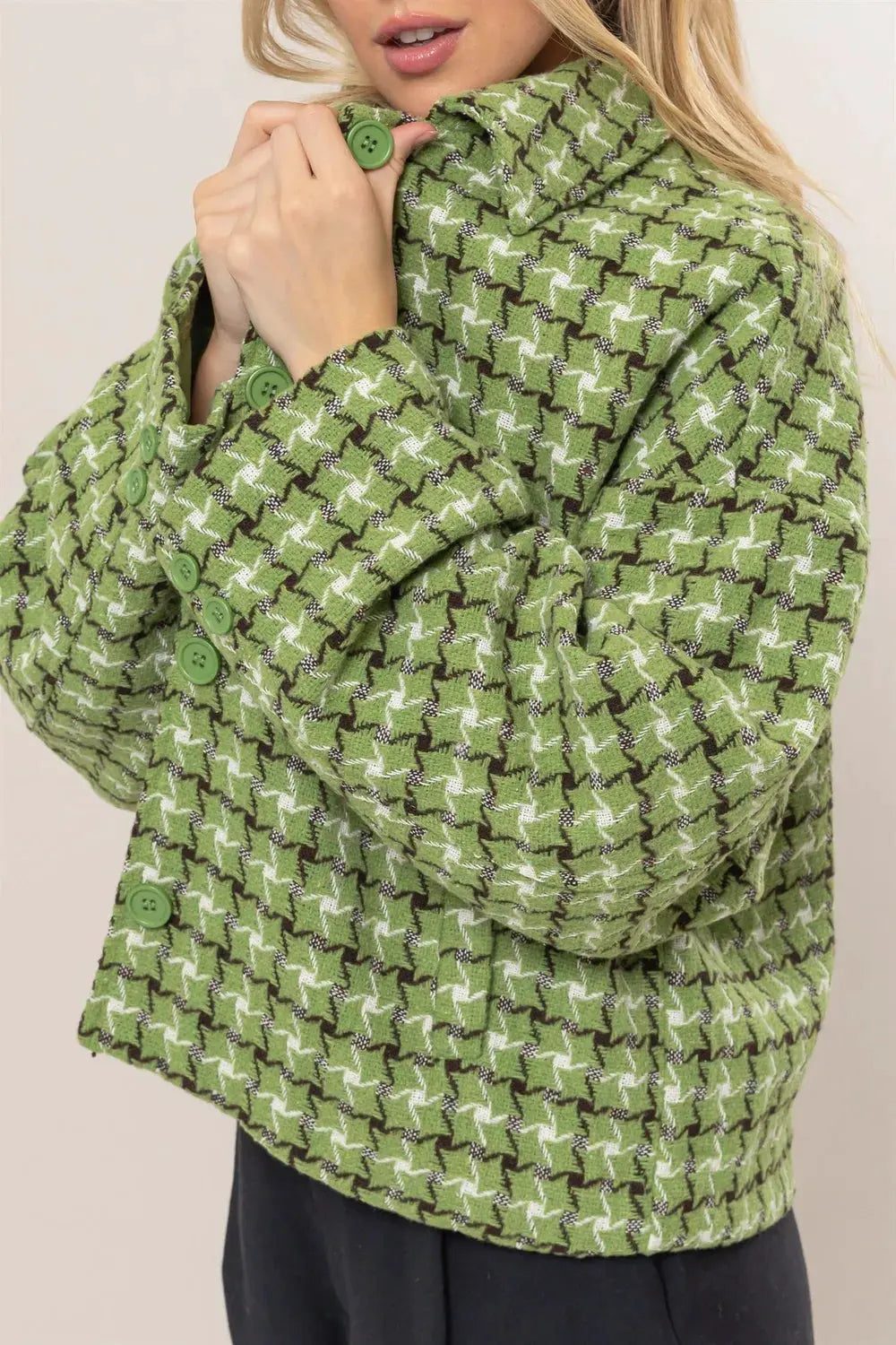 HYFVE Tweed Plaid Button Up Collared Neck Jacket by HYFVE