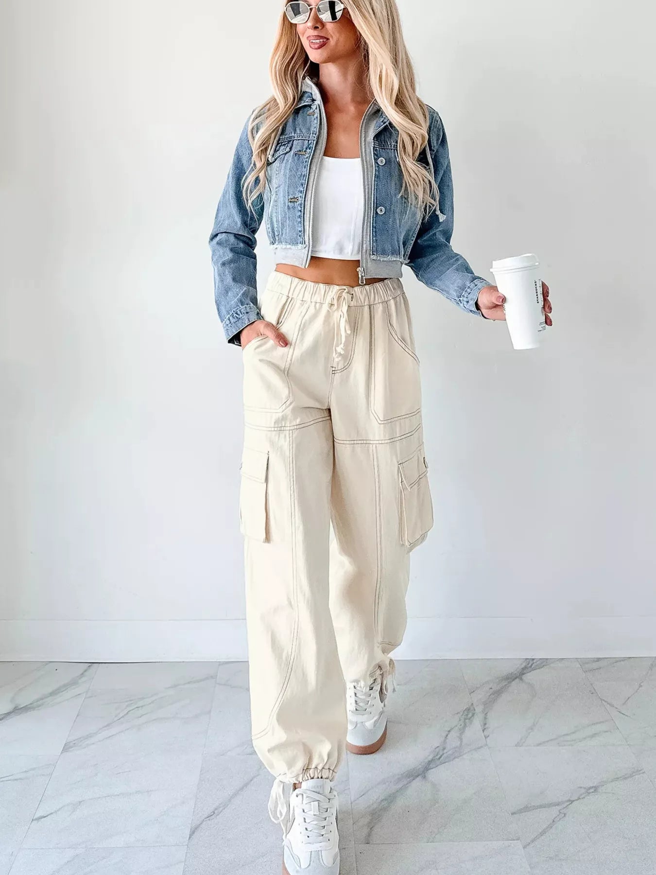 Distressed Zip Up Cropped Hooded Denim Jacket by Partner Label